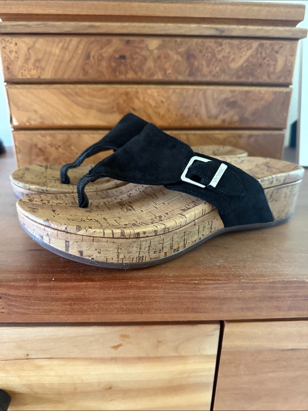 Vionic Black Suede Cork Wedge Thong Sandals